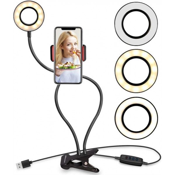 Selfie Ring Light med LED lys + justerbar arme